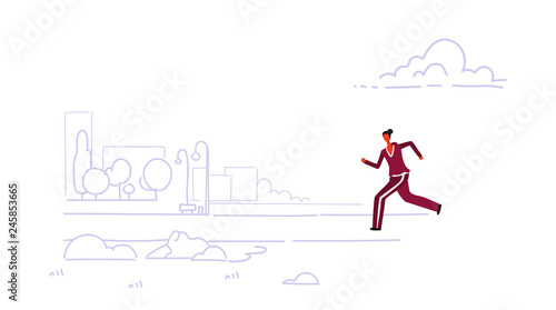 sportswoman jogging runner woman running outdoor city urban park cityscape background healthy lifestyle concept sketch doodle full length horizontal