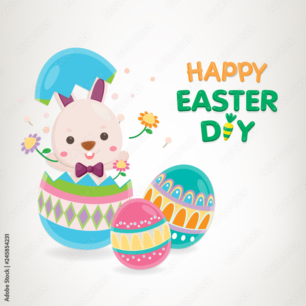Obraz premium Happy easter day, White rabbit with colorful egges on white background. Greeting card for Easter day