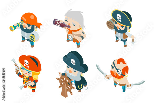 Corsair pirate ship crew buccaneer filibuster sea dog sailors fantasy RPG treasure game isometric characters flat design vector illustration