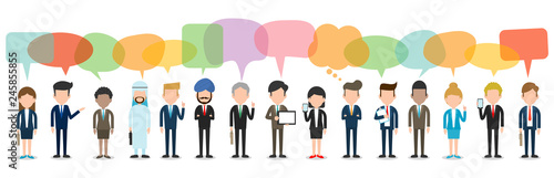 Set of diverse business people with speech bubbles isolated on white background. Different nationalities and dress styles. Cute and simple flat cartoon style.Vector illustration