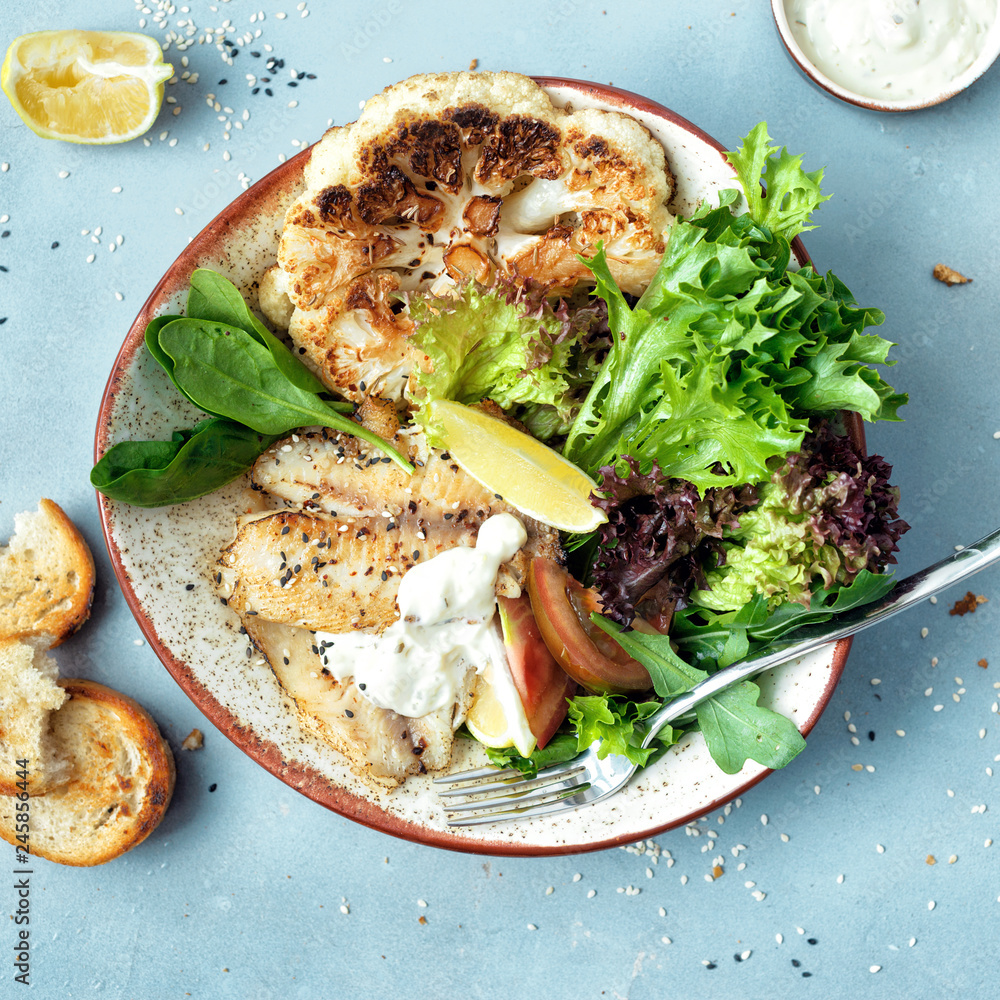 Clean balanced healthy food Healthy lunch Fried fish fillet vegetables Clean balanced healthy food Healthy lunch Fried fish fillet vegetables