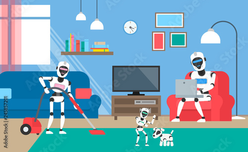 Fototapeta Naklejka Na Ścianę i Meble -  robots humanoid family at home futuristic concept illustration