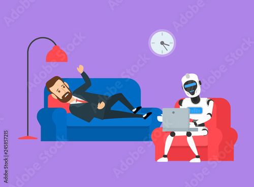man patient talking about his problem with robot psychologist