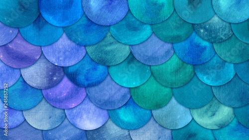 Mermaid Scales Watercolor Fish squame background. Bright summer blue sea pattern with reptilian scales abstract photo