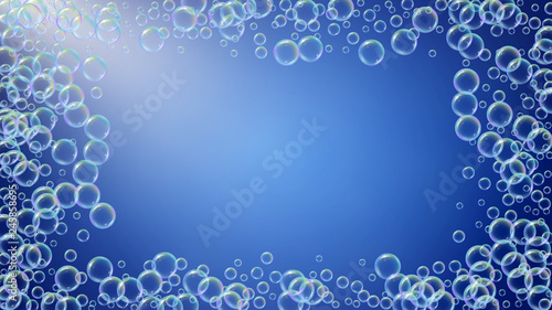 Fizz background with shampoo foam and soap bubbles.
