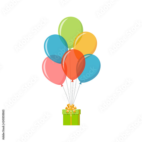 Bunch of colorful balloons with gift box. Holiday and celebration concept. Vector illustration in flat style