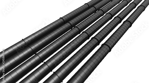 Row of black industrial pipelines isolated on white background
