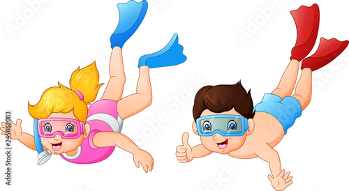 Boy and girl diving under water