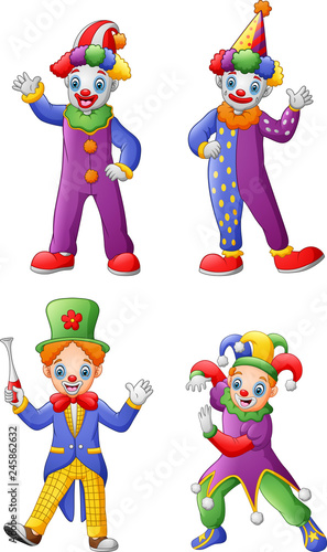Set Of Colorful Friendly Clowns In Classic Outfits