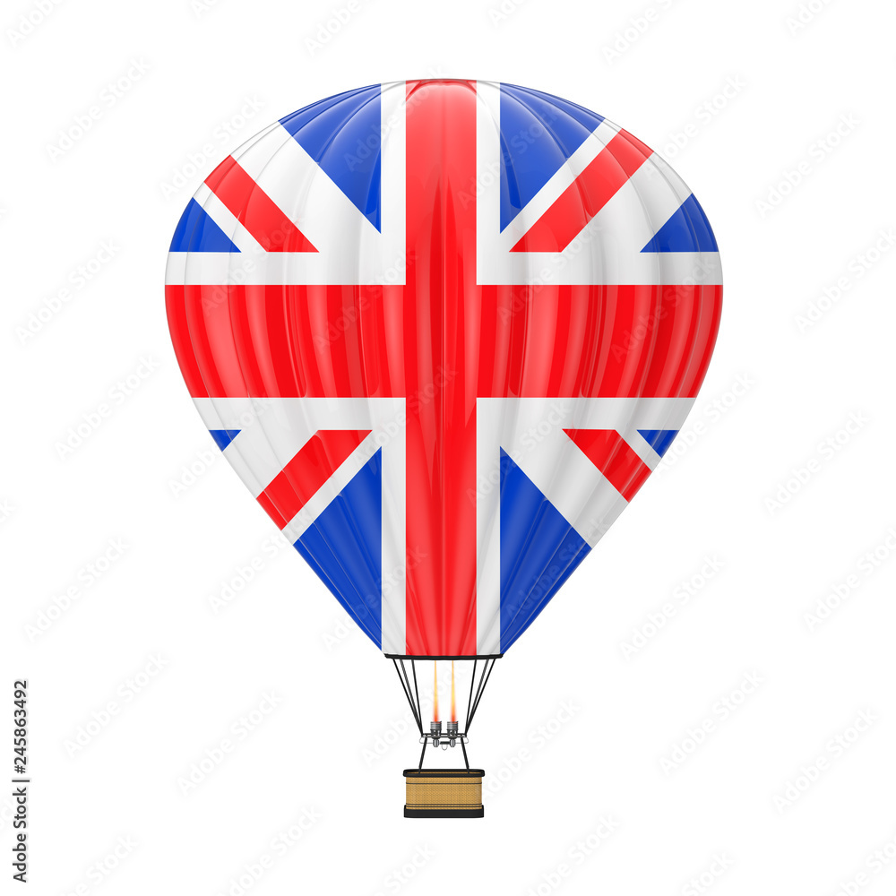 Fototapeta premium Hot Air Balloon with Flag of UNITED KINGDOM or England. 3d Rendering