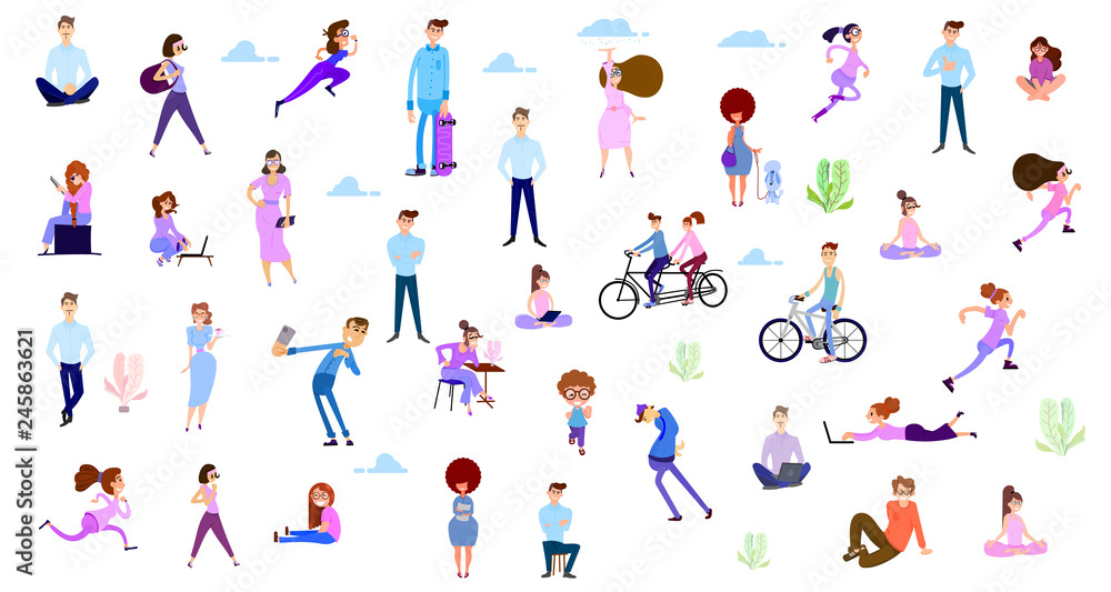 Crowd of tiny women and men active in the park. Flat design style vector graphic illustration various people set.
