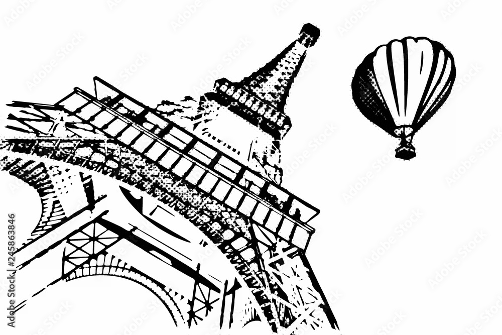 France Concept. Paris Sketches Hand Drawing Style Eiffel Tower and Hot Air Balloon. 3d Rendering