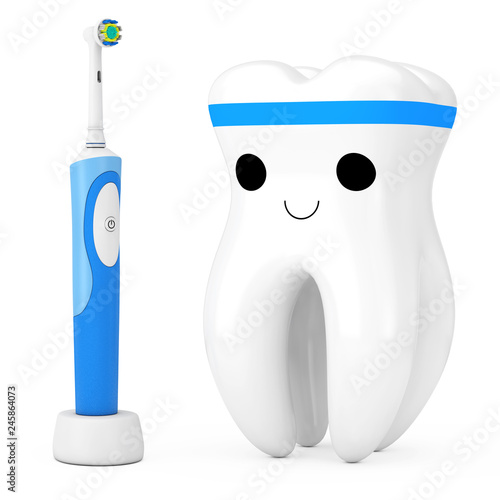 New Electric Toothbrush on a Charge Stand near Cute Healthy White Cartoon Toy Tooth Character Person. 3d Rendering