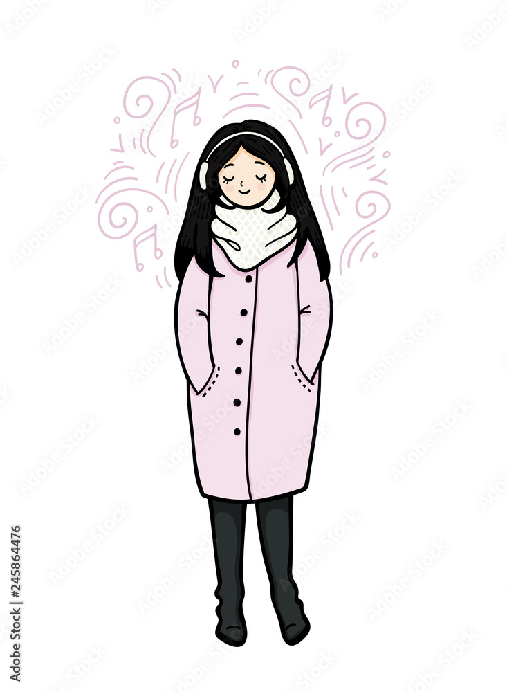 Girl in trendy style on white background. Fashion illustration. Girl in a coat, scarf and boots is listening to music. Cute cartoon character Girl in trendy style on white background. Fashion illustration. Girl in a coat, scarf and boots is listening to music. Cute cartoon character