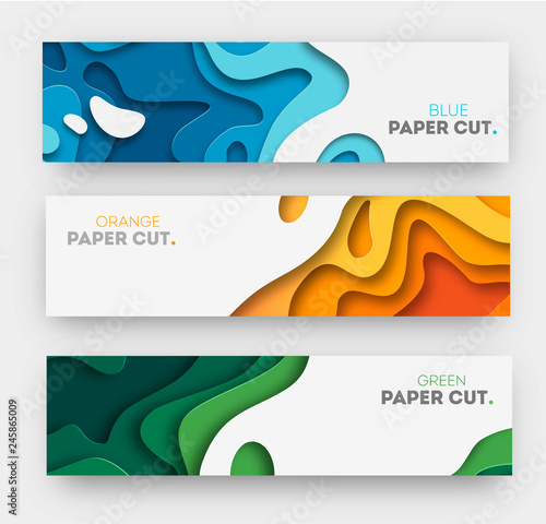 Horizontal banners with 3D abstract background, white paper cut shapes. Vector design layout for business presentations, flyers, posters and invitations. Carving art