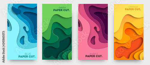 Vertical banners with 3D abstract background with paper cut shapes. Vector design layout for business presentations, flyers, posters and invitations. Colorful carving art