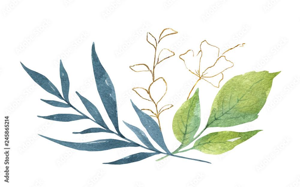 Watercolor vector green card tropical leaves and flowers isolated on white background.