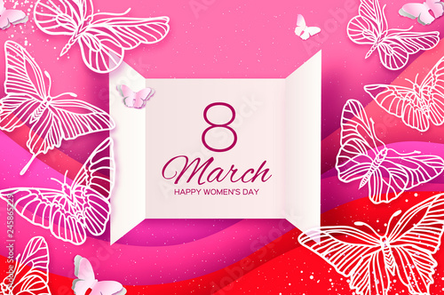 Tropical 8 March. Pink Womens day greeting card with paper cut butterfly. Origami exotic spring holidays. Text. Open card. Happy Mothers Day.