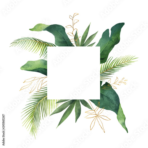 Watercolor vector green card tropical leaves and flowers isolated on white background.