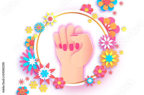 Flower 8 March. Happy Womens day. Fist raised up. We can do it. Fight like a girl. Feminine concept and woman empowerment design in paper cut style on white.