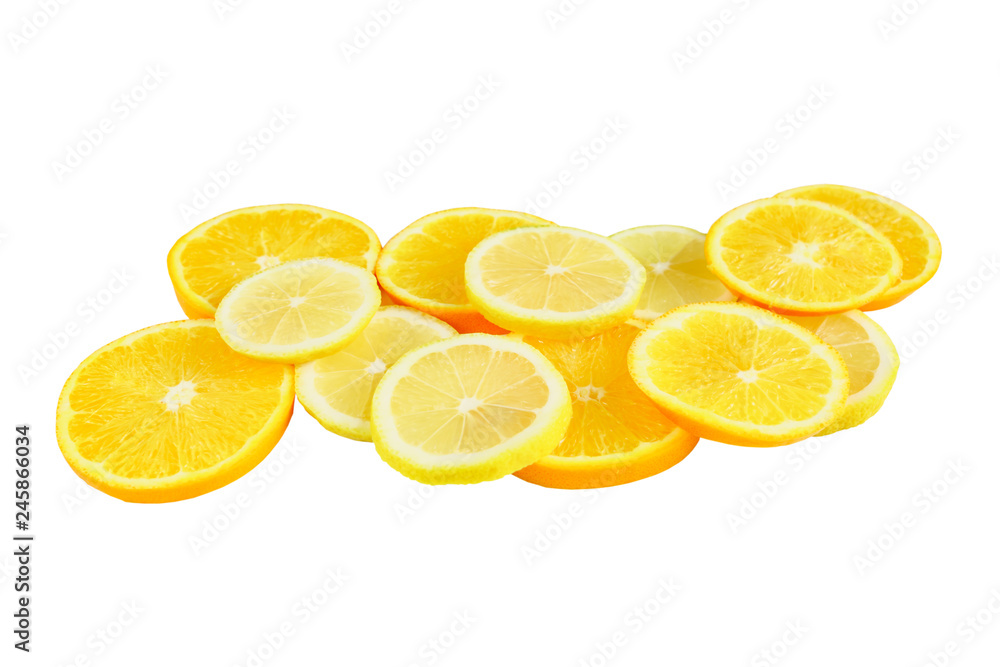 citrus slice, oranges and lemons isolated on white background, clipping path