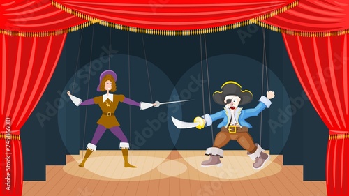 Children's puppet theater with two dolls on threads. Puppet theater with red scenes, two marionette in costumes of the pirate and prince.  Kid's entertainment and leisure