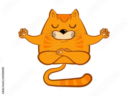 Red cartoon cat in a yoga pose on a white background. Yellow cat asana vector illustration Animal meditation