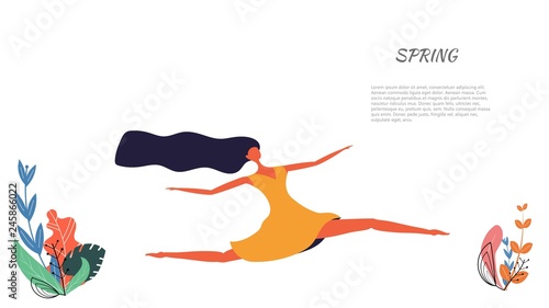 Abstract stylized girl in a jump on a white background. The concept of spring and spring break. A young woman in a yellow dress makes a bounce in a joyful mood. Vector illustration