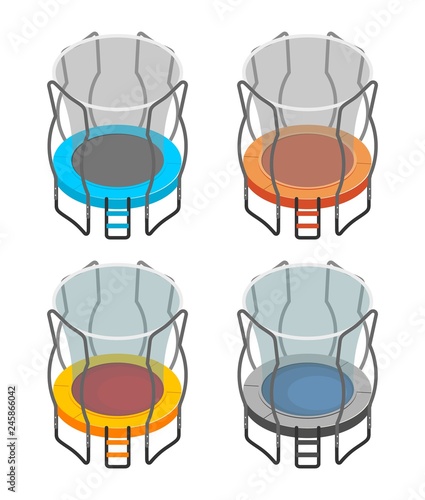 Set of the isometric trampoline on a white background. Items for jumping, leisure and entertainment. Adaptations for business. The concept of holidays and children's sports. Vector stock illustration