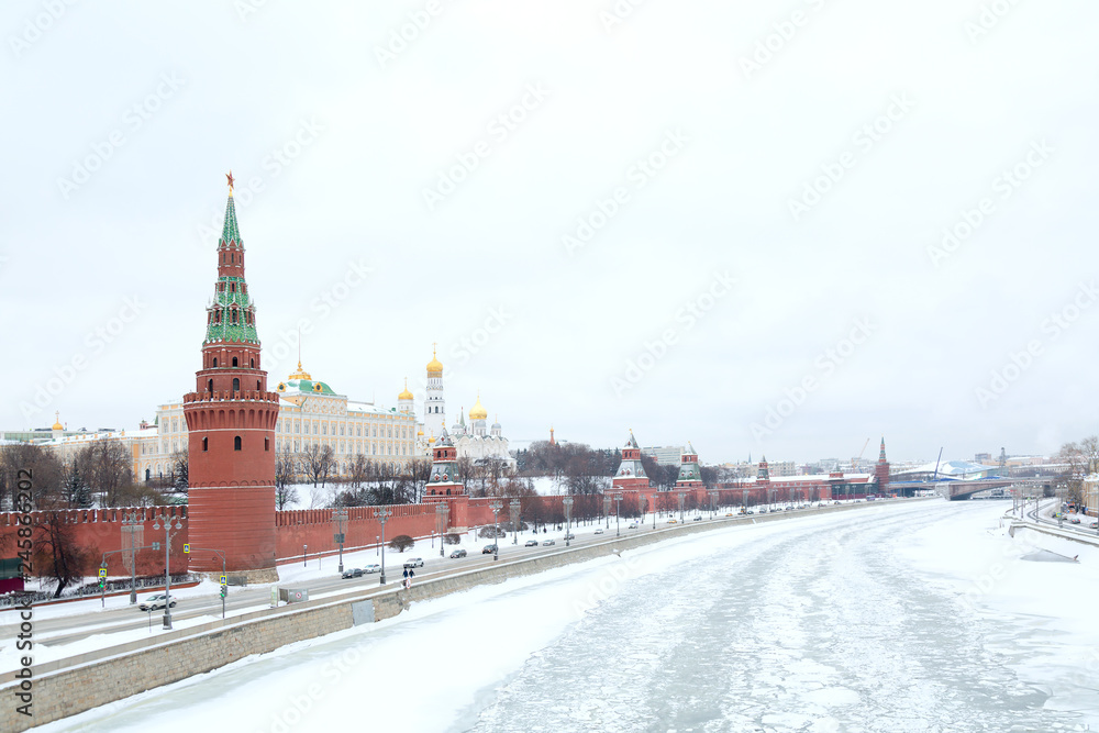 Moscow winter snowy cityscape. View of the Kremlin with the Moscow River in winter. Moscow winter snowy cityscape. View of the Kremlin with the Moscow River in winter.