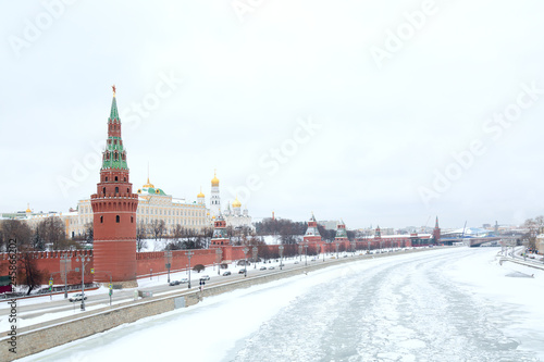 Moscow winter snowy cityscape. View of the Kremlin with the Moscow River in winter.