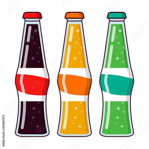 Cola bottle glass.Lemonade plastic bottles.Orange soda.Cold drinks.Flat vector cartoon.Soft drinks.