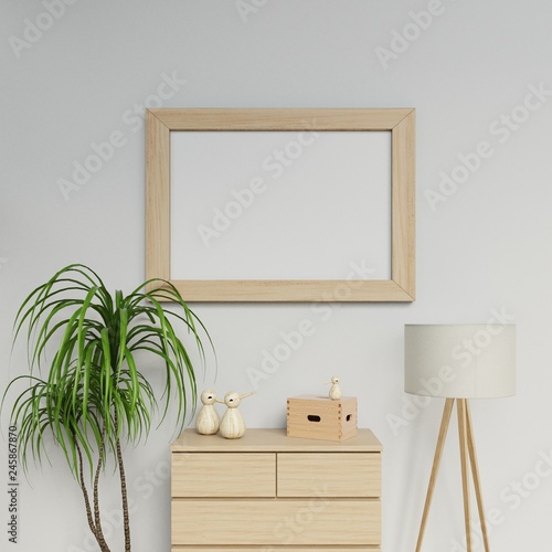 3d render modern house interior a1 size poster mockup design with horizontal frame hanging on the white wall in living space in straight front view © Nawaitu Studio