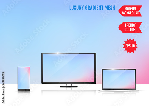 Modern abstract background. Colors transition concept. Gradient mesh. Trendy colored Surface. An example of the use of the proposed background on the screen of a laptop, smartphone and TV