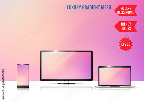 Modern abstract background. Colors transition concept. Gradient mesh. Trendy colored Surface. An example of the use of the proposed background on the screen of a laptop, smartphone and TV