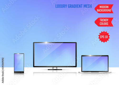 Modern abstract background. Colors transition concept. Gradient mesh. Trendy colored Surface. An example of the use of the proposed background on the screen of a laptop, smartphone and TV