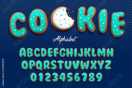 Vector cartoon font and alphabet in the form of cookies in royal icing with decorative tiny balls made with sugar for decoration. Isolated on darck transparent background