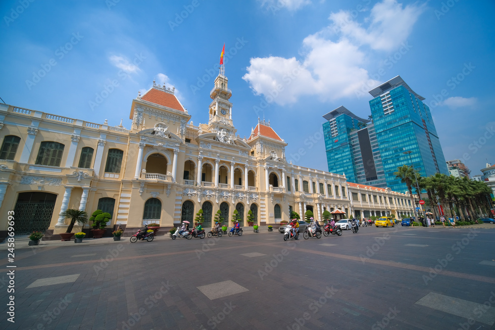 HO CHI MINH VIETNAM - 05, 2020: Panorama view of the Ho Chi Minh City Hall or Ho Chi Minh City People's Committee. People Committee building is famous places for travel in Ho Chi Minh city, Vietnam HO CHI MINH VIETNAM - 05, 2020: Panorama view of the Ho Chi Minh City Hall or Ho Chi Minh City People's Committee. People Committee building is famous places for travel in Ho Chi Minh city, Vietnam