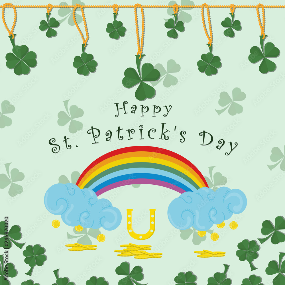 illustration of festive background cover, for St. Patricks day holiday, clover leaves on a chain and rainbow with clouds with rain of coins, greeting inscription