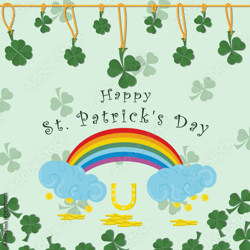 illustration of festive background cover, for St. Patricks day holiday, clover leaves on a chain and rainbow with clouds with rain of coins, greeting inscription