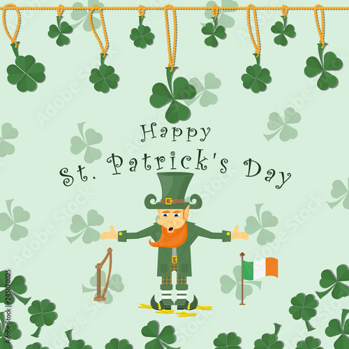 illustration of festive background cover, for St. Patricks day holiday, clover leaves on a chain, leprechaun stands on gold coins red with Ireland flag and harp, congratulatory inscription