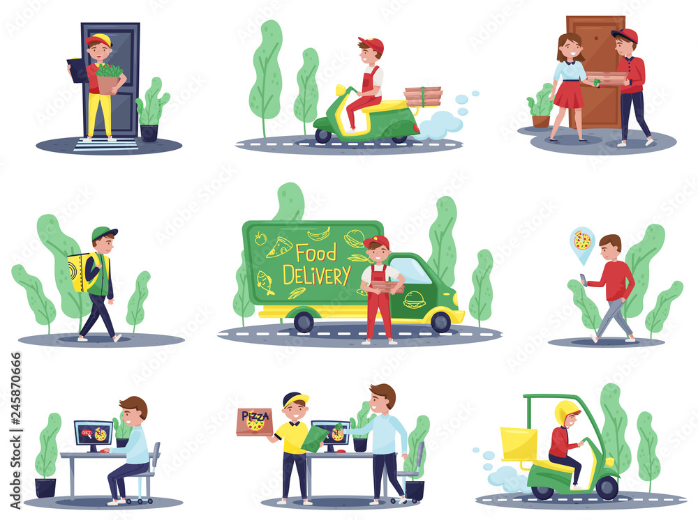 Flat vector set of delivery workers and customers. Courier riding scooter. Guy holding bag with order. Food service - obrazy, fototapety, plakaty 