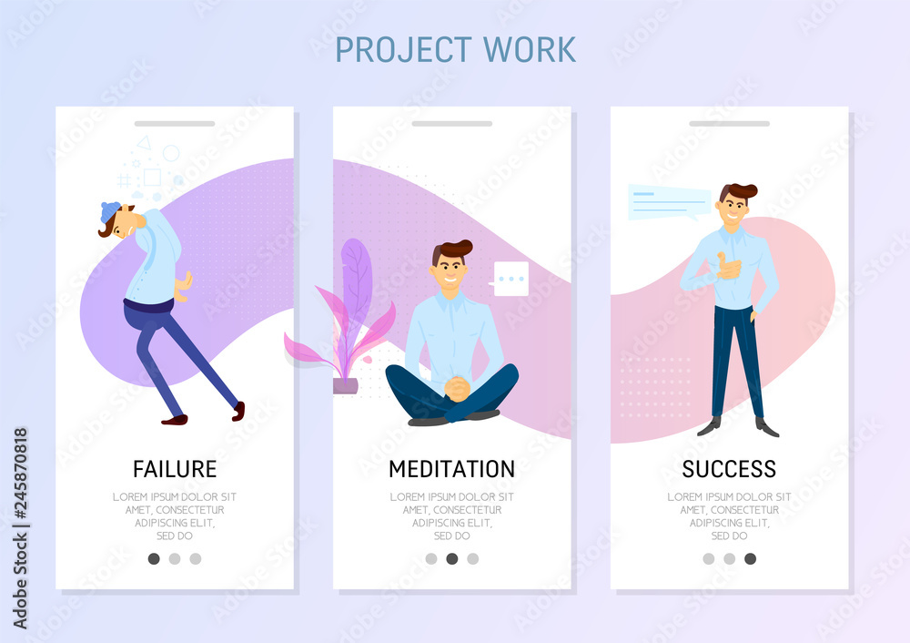 Flat design banner and elements of freelance. Workflow stages, failure, meditation, success. Flat design banner and elements of freelance. Workflow stages, failure, meditation, success.