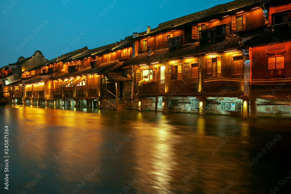 Night view of Wuzhen Tourism Scenic Area, Tongxiang City, Zhejiang Province, China