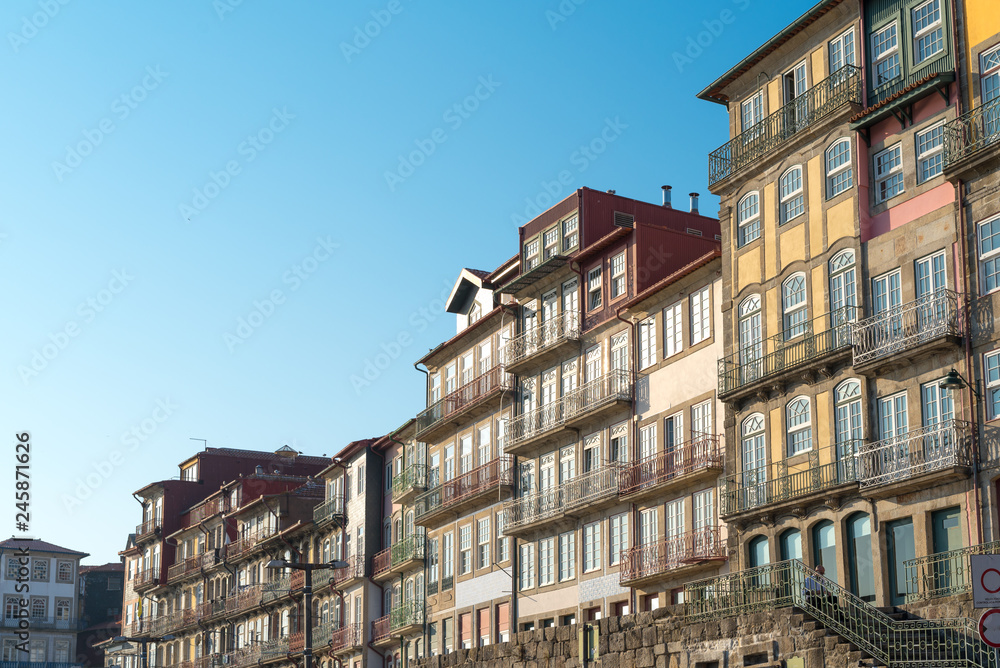Typical terraced house of pombalin architectural in the famous neighborhood Ribeira of Oporto in the old town of the city