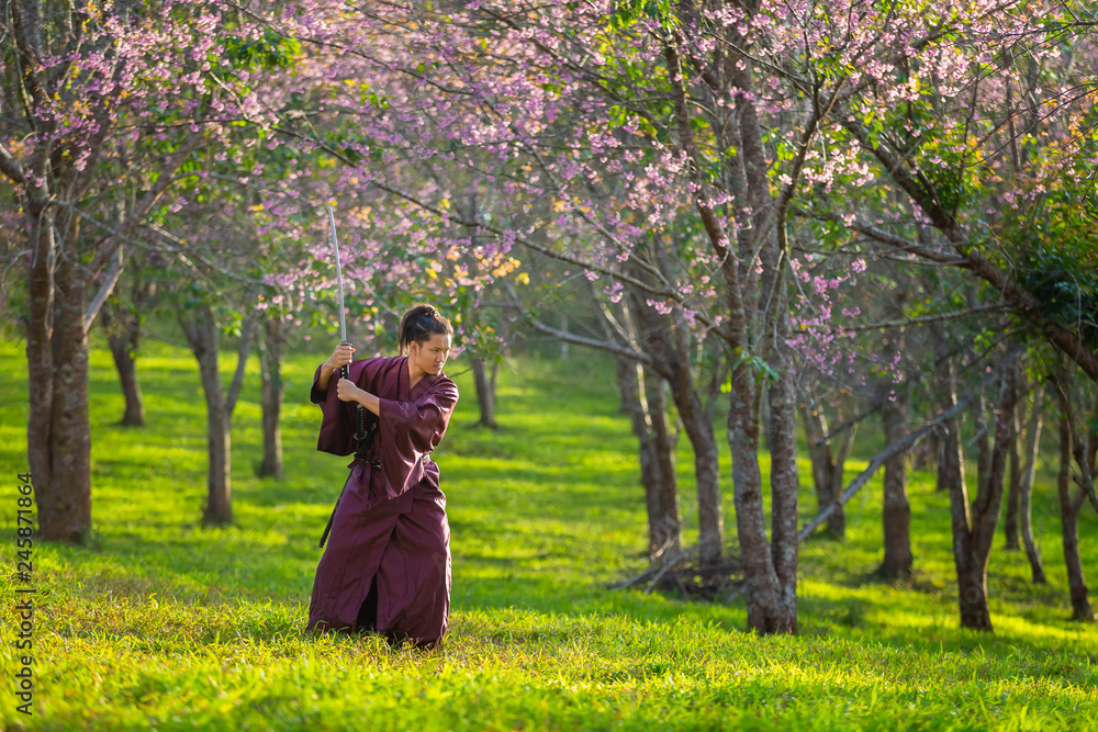 The Japanese samurai are gripping the sword, preparing to fight. The Japanese samurai are gripping the sword, preparing to fight.