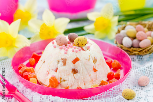 Traditional Easter molded dessert paska made from cottage cheese and candied fruit