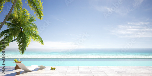 Fototapeta Naklejka Na Ścianę i Meble -  Tropical summer, beach lounge with palm trees,
swimming pool of luxury villa, summer concept, 3d render