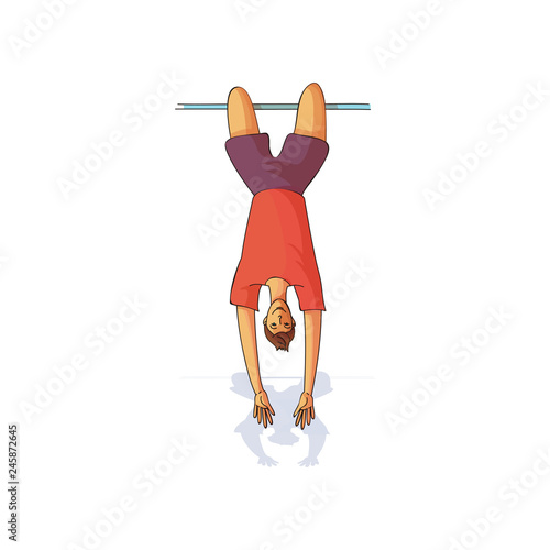Young male hanging upside down on horizontal bar. Man in sportswear. Healthy lifestyle. Cartoon vector design