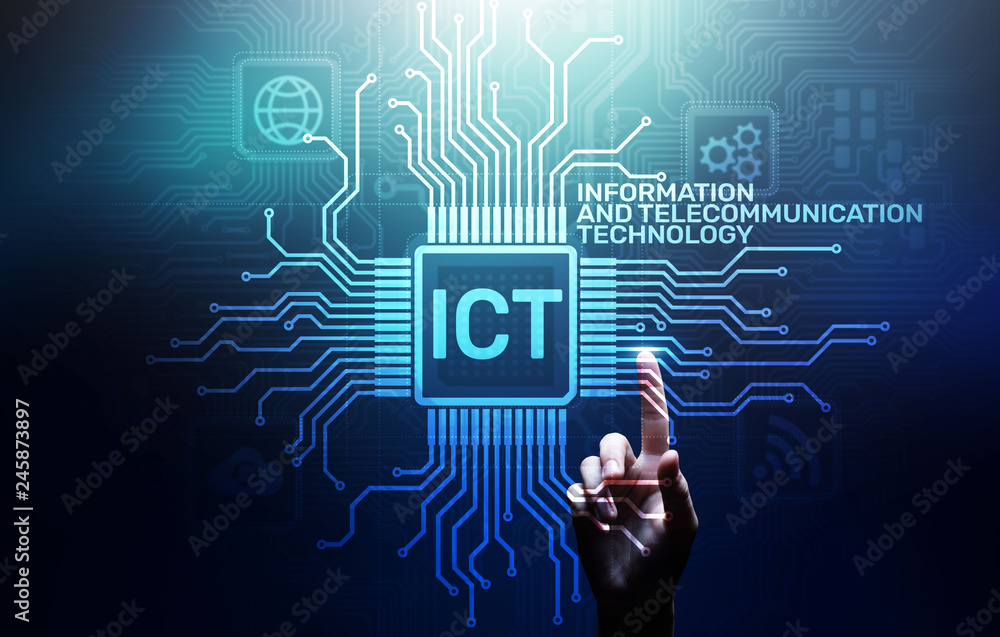 ICT - Information and communication technology concept on virtual screen. ICT - Information and communication technology concept on virtual screen.